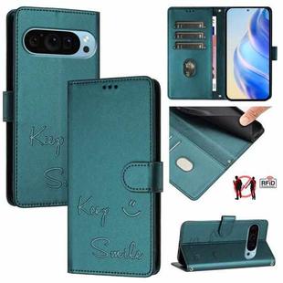 For Google Pixel 9 Pro XL Smile Embossing RFID Leather Phone Case(Peacock Green)