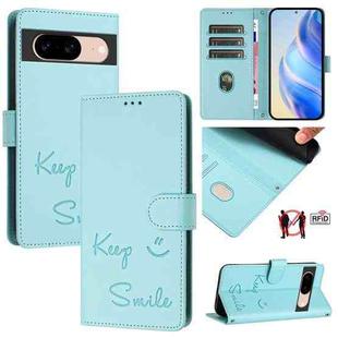 For Google Pixel 8a Smile Embossing RFID Leather Phone Case(Mint Green)