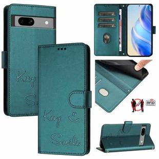 For Google Pixel 7a Smile Embossing RFID Leather Phone Case(Peacock Green)