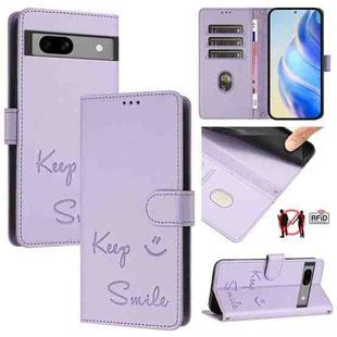 For Google Pixel 7a Smile Embossing RFID Leather Phone Case(Light Purple)