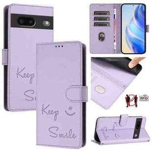 For Google Pixel 7 Smile Embossing RFID Leather Phone Case(Light Purple)