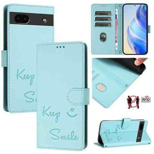 For Google Pixel 6a Smile Embossing RFID Leather Phone Case(Mint Green)