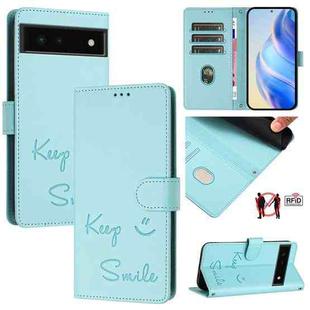 For Google Pixel 6 Smile Embossing RFID Leather Phone Case(Mint Green)