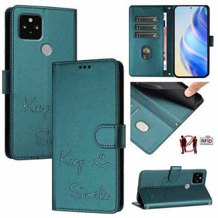 For Google Pixel 5 Smile Embossing RFID Leather Phone Case(Peacock Green)