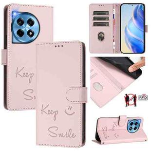 For OnePlus 12R 5G Global Smile Embossing RFID Leather Phone Case(Pink)