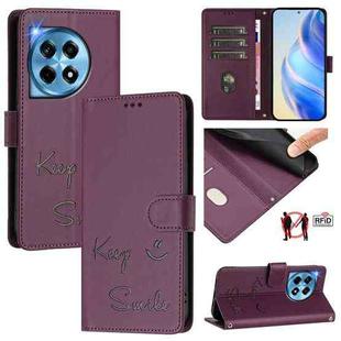 For OnePlus 12R 5G Global Smile Embossing RFID Leather Phone Case(Violet)