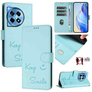 For OnePlus 12 5G Global Smile Embossing RFID Leather Phone Case(Mint Green)