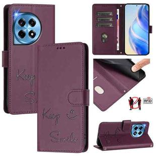 For OnePlus 12 5G Global Smile Embossing RFID Leather Phone Case(Violet)