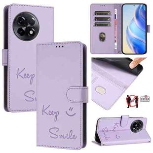 For OnePlus 11R 5G Global Smile Embossing RFID Leather Phone Case(Light Purple)