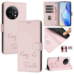 For OnePlus 11 Smile Embossing RFID Leather Phone Case(Pink)