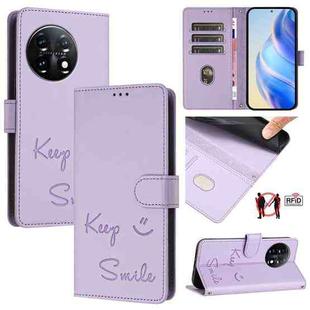 For OnePlus 11 Smile Embossing RFID Leather Phone Case(Light Purple)