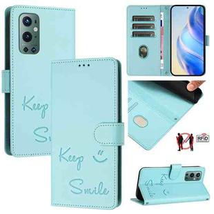 For OnePlus 9 Pro Smile Embossing RFID Leather Phone Case(Mint Green)