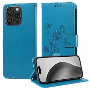 For iPhone 16 Pro Max Embossed Butterfly Flowers Leather Phone Case(Blue)