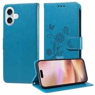 For iPhone 16 Plus Embossed Butterfly Flowers Leather Phone Case(Blue)