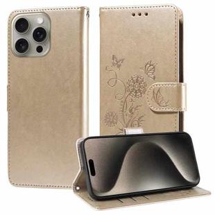 For iPhone 15 Pro Embossed Butterfly Flowers Leather Phone Case(Gold)