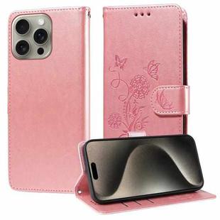 For iPhone 15 Pro Embossed Butterfly Flowers Leather Phone Case(Rose Gold)