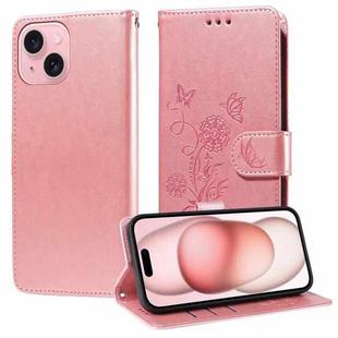 For iPhone 15 Plus Embossed Butterfly Flowers Leather Phone Case(Rose Gold)