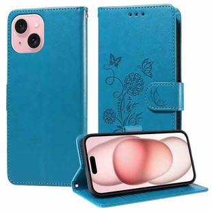 For iPhone 15 Embossed Butterfly Flowers Leather Phone Case(Blue)