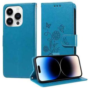 For iPhone 14 Pro Embossed Butterfly Flowers Leather Phone Case(Blue)