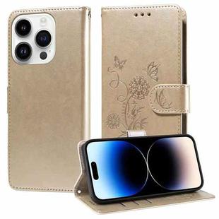 For iPhone 14 Pro Max Embossed Butterfly Flowers Leather Phone Case(Gold)