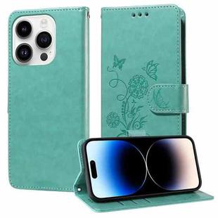 For iPhone 14 Pro Max Embossed Butterfly Flowers Leather Phone Case(Green)