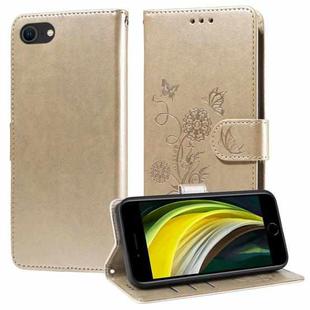 For iPhone 7 / 8 / SE 2022 Embossed Butterfly Flowers Leather Phone Case(Gold)