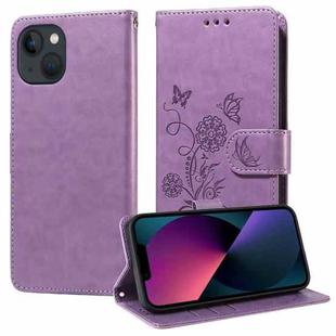 For iPhone 13 mini Embossed Butterfly Flowers Leather Phone Case(Purple)