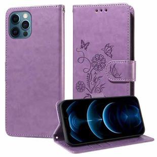 For iPhone 12 / 12 Pro Embossed Butterfly Flowers Leather Phone Case(Purple)