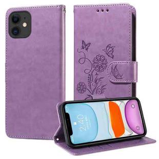 For iPhone 12 mini Embossed Butterfly Flowers Leather Phone Case(Purple)