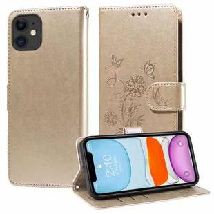 For iPhone 11 Embossed Butterfly Flowers Leather Phone Case(Gold)