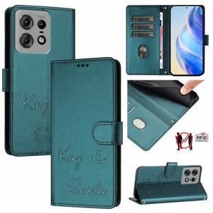 For Motorola Edge 50 Pro Smile Embossing RFID Leather Phone Case(Peacock Green)