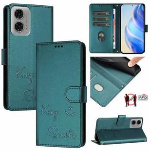 For Motorola Moto G24 4G Global Smile Embossing RFID Leather Phone Case(Peacock Green)