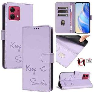 For Motorola Moto G84 5G Smile Embossing RFID Leather Phone Case(Light Purple)