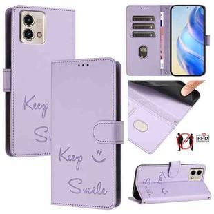 For Motorola Moto G Stylus 5G 2023 Smile Embossing RFID Leather Phone Case(Light Purple)