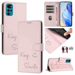 For Motorola Moto E22s 4G Global Smile Embossing RFID Leather Phone Case(Pink)