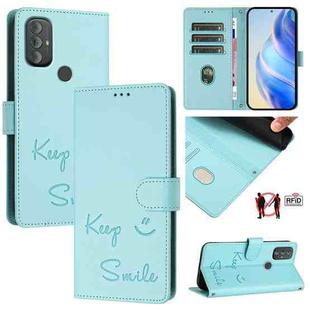 For Motorola Moto G Power 2022 Smile Embossing RFID Leather Phone Case(Mint Green)