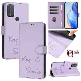 For Motorola Moto G Power 2022 Smile Embossing RFID Leather Phone Case(Light Purple)