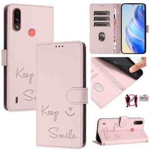 For Motorola Moto E7 Power Smile Embossing RFID Leather Phone Case(Pink)