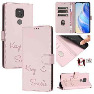 For Motorola Moto G Play 2021 Smile Embossing RFID Leather Phone Case(Pink)