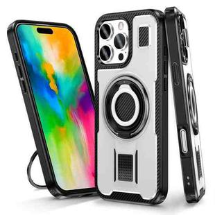 For iPhone 16 Pro Ring Holder Carbon Fiber PC Hybrid TPU Phone Case(White)