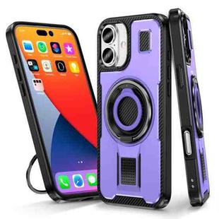 For iPhone 16 Plus Ring Holder Carbon Fiber PC Hybrid TPU Phone Case(Purple)