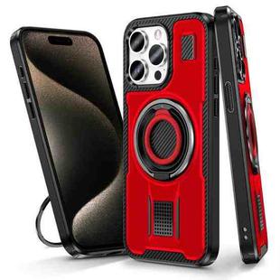 For iPhone 15 Pro Max Ring Holder Carbon Fiber PC Hybrid TPU Phone Case(Red)