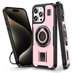 For iPhone 15 Pro Max Ring Holder Carbon Fiber PC Hybrid TPU Phone Case(Rose Gold)