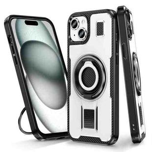 For iPhone 15 Ring Holder Carbon Fiber PC Hybrid TPU Phone Case(White)