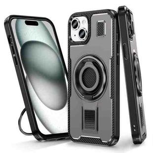 For iPhone 15 Ring Holder Carbon Fiber PC Hybrid TPU Phone Case(Grey)