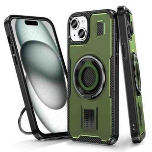 For iPhone 15 Ring Holder Carbon Fiber PC Hybrid TPU Phone Case(Army Green)