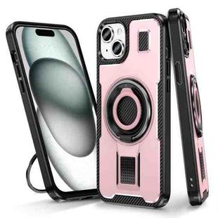 For iPhone 15 Ring Holder Carbon Fiber PC Hybrid TPU Phone Case(Rose Gold)