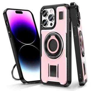 For iPhone 14 Pro Ring Holder Carbon Fiber PC Hybrid TPU Phone Case(Rose Gold)