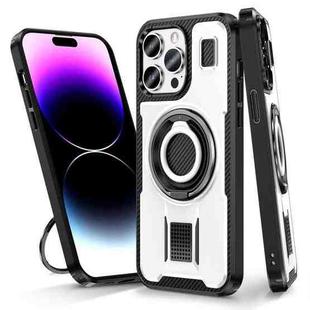 For iPhone 14 Pro Max Ring Holder Carbon Fiber PC Hybrid TPU Phone Case(White)