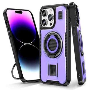 For iPhone 14 Pro Max Ring Holder Carbon Fiber PC Hybrid TPU Phone Case(Purple)